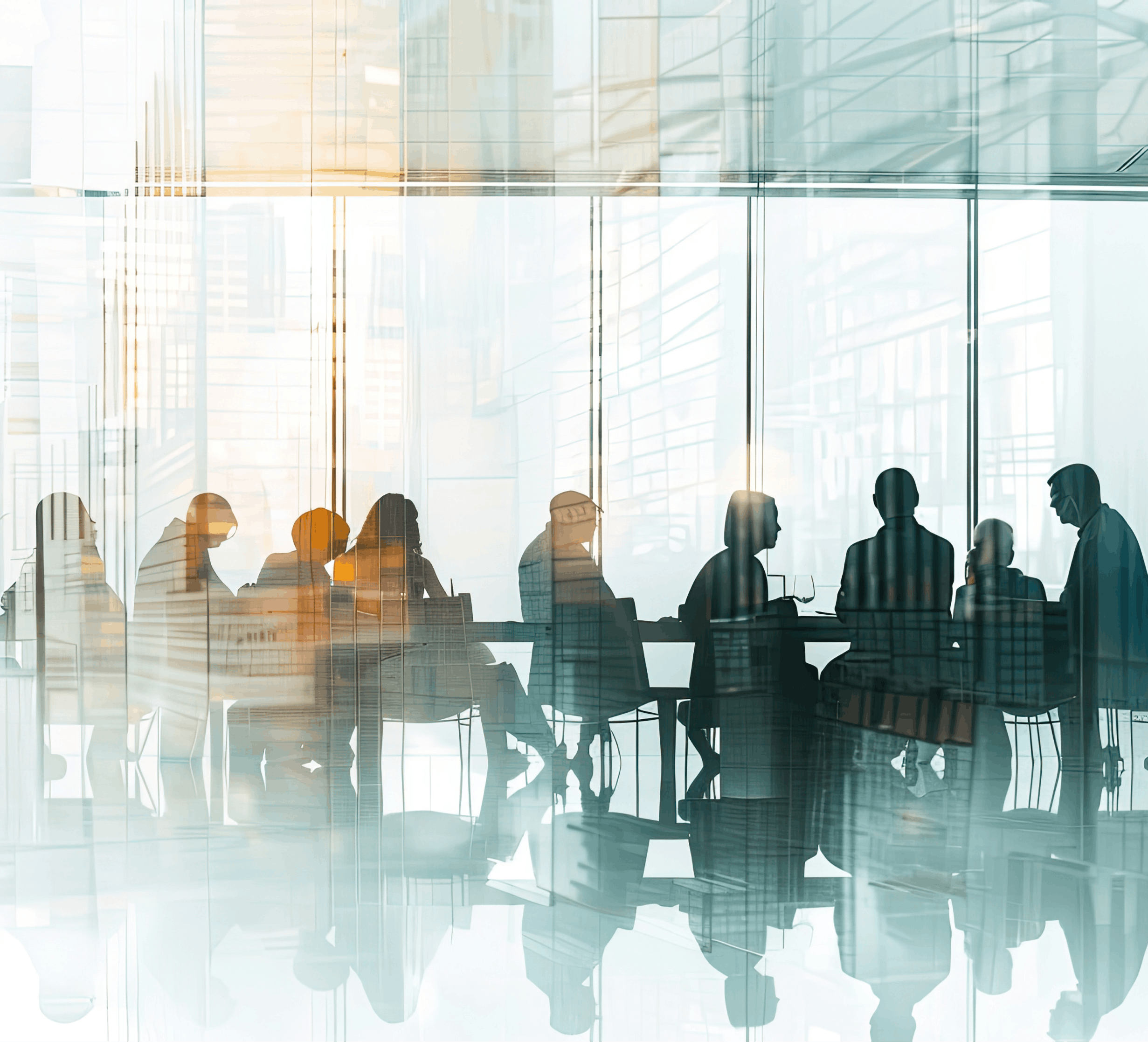 An abstract image of a group of people in a conference room