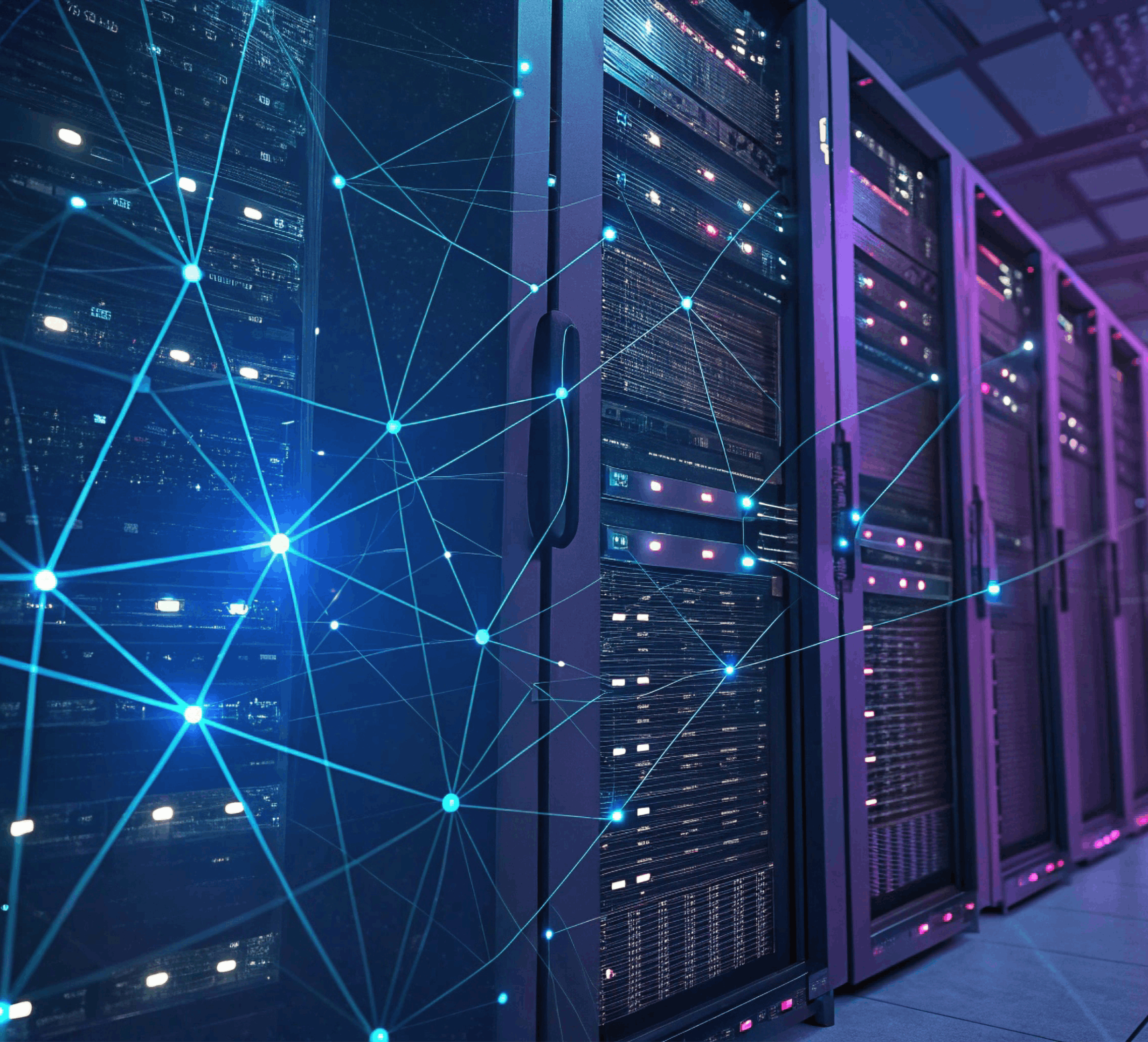 A stylized photo of servers in a dark room